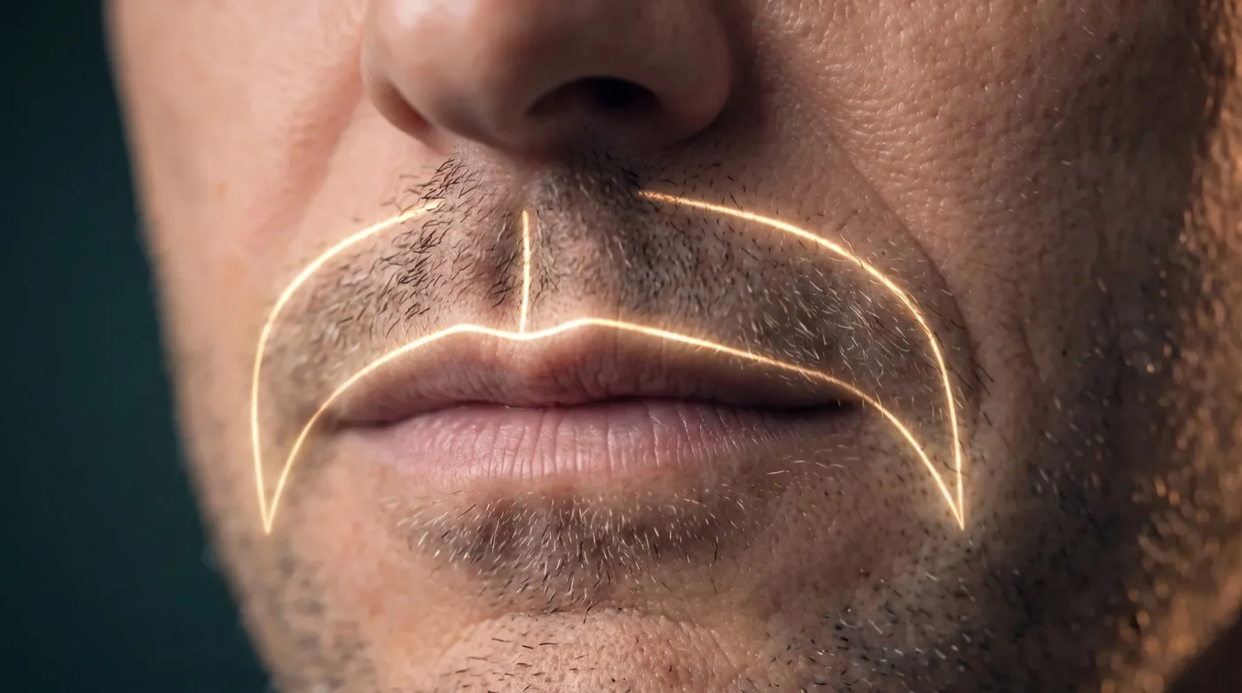 Illustration of golden design lines tracing the planned shape of a mustache over a sparse upper lip
