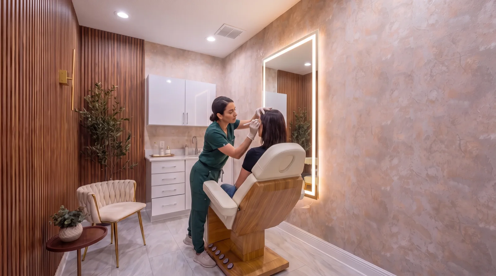 Patient in the treatment chair facing the mirror while her provider draws the new eyebrow shape with a fine pencil