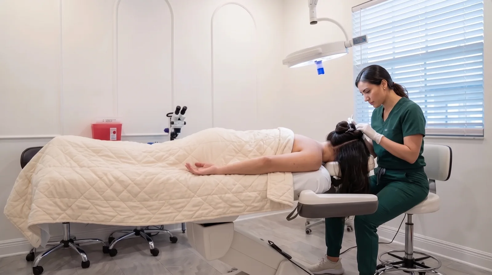 Patient lying face down under a blanket while the team takes fine follicles from a small trimmed area at the nape