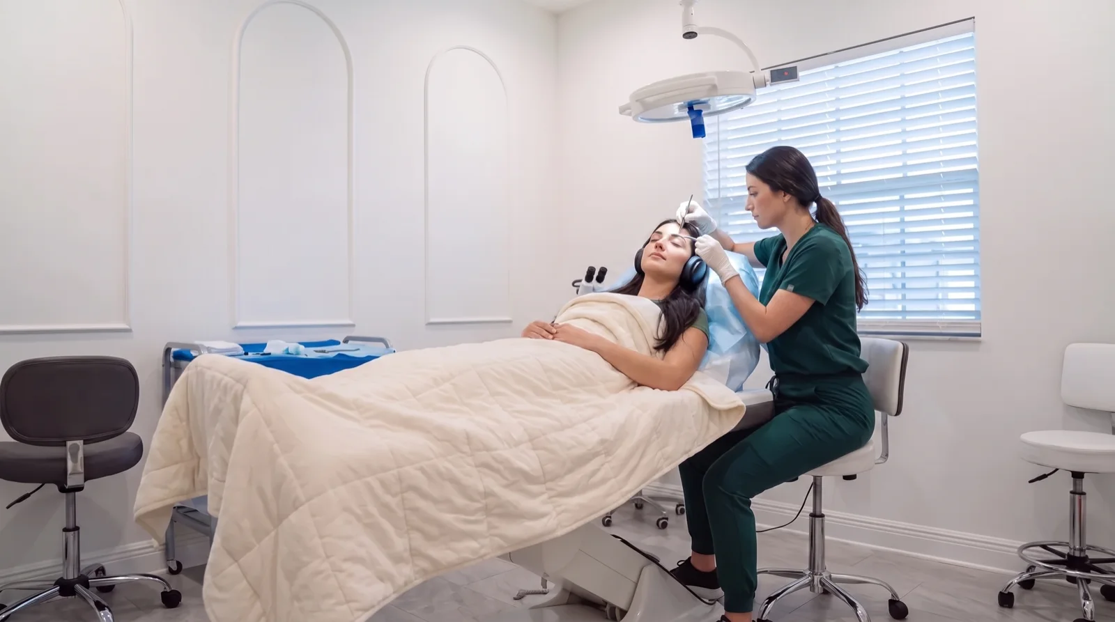Patient reclined with headphones while her provider places a single graft into her eyebrow with fine forceps