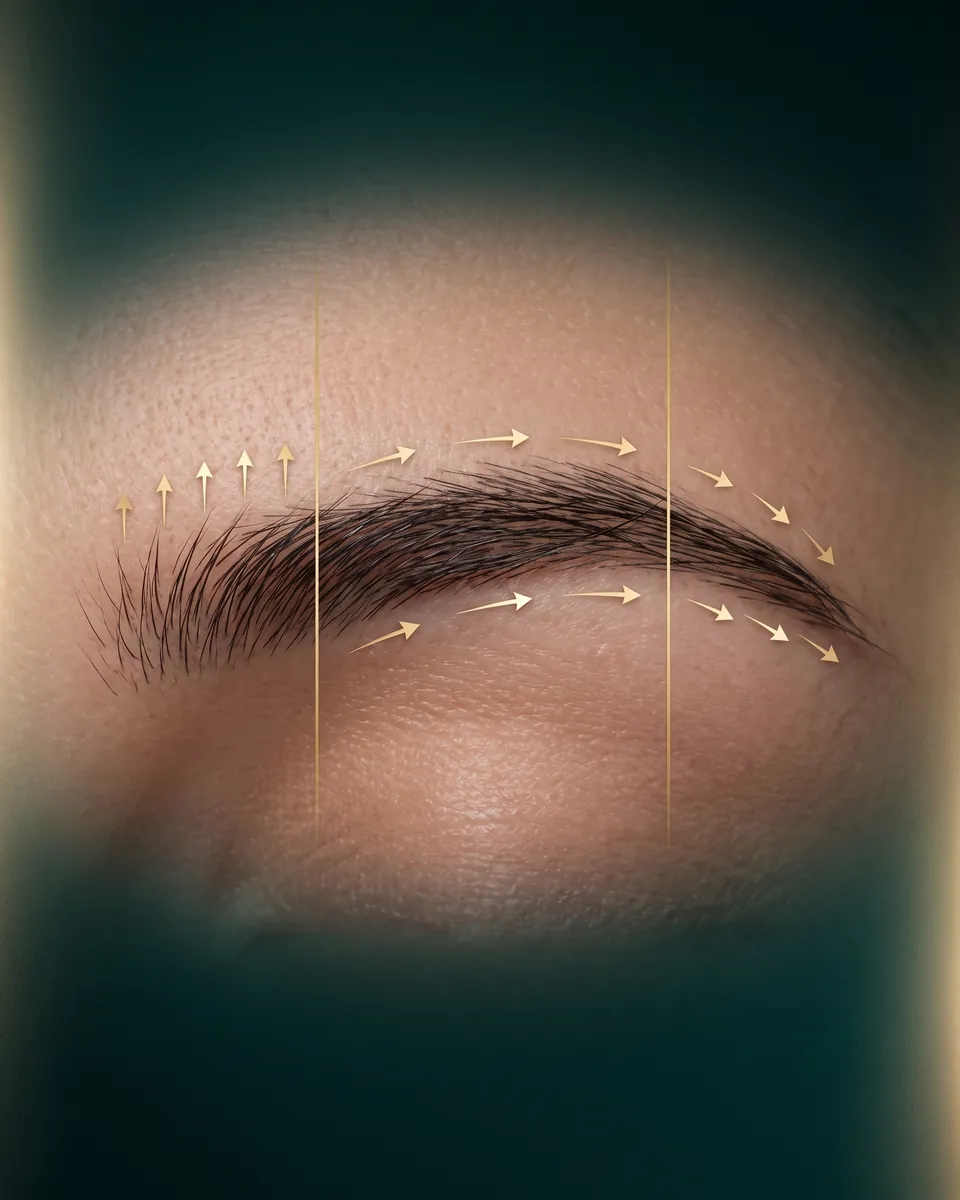 Close-up of an eyebrow divided into three zones with golden arrows: upward at the head, outward along the arch, downward at the tail