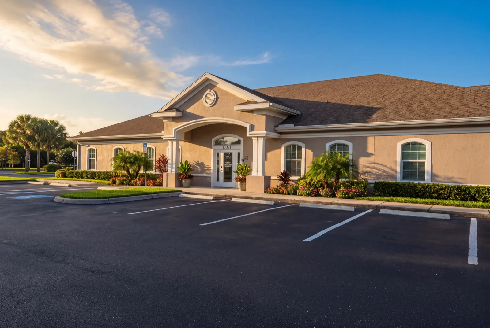 The Hair Transplant Design building at 13021 W Linebaugh Ave, Unit 102, in Citrus Park, Tampa, with parking in front