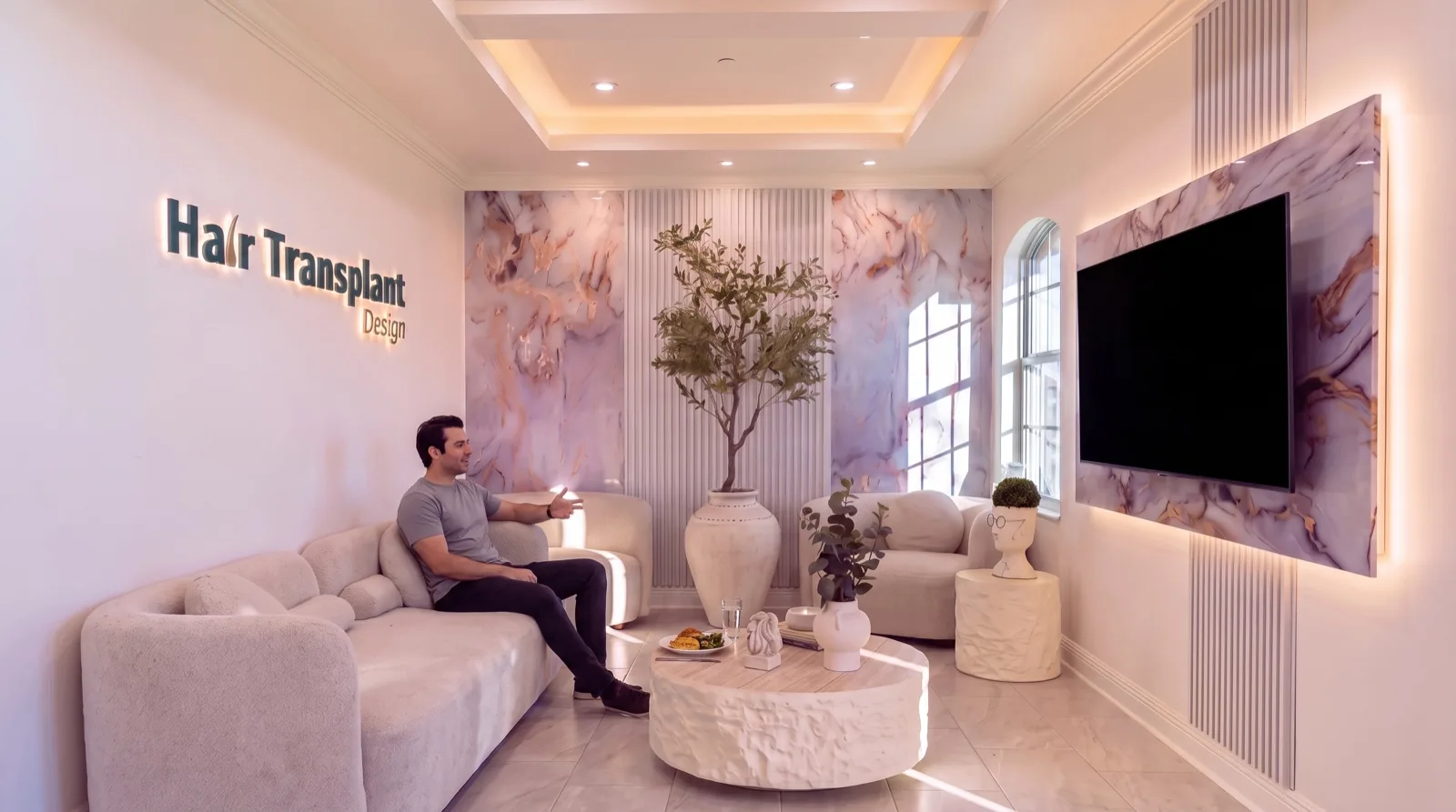 Patient sitting up in the lounge with a meal during the midday break of his procedure