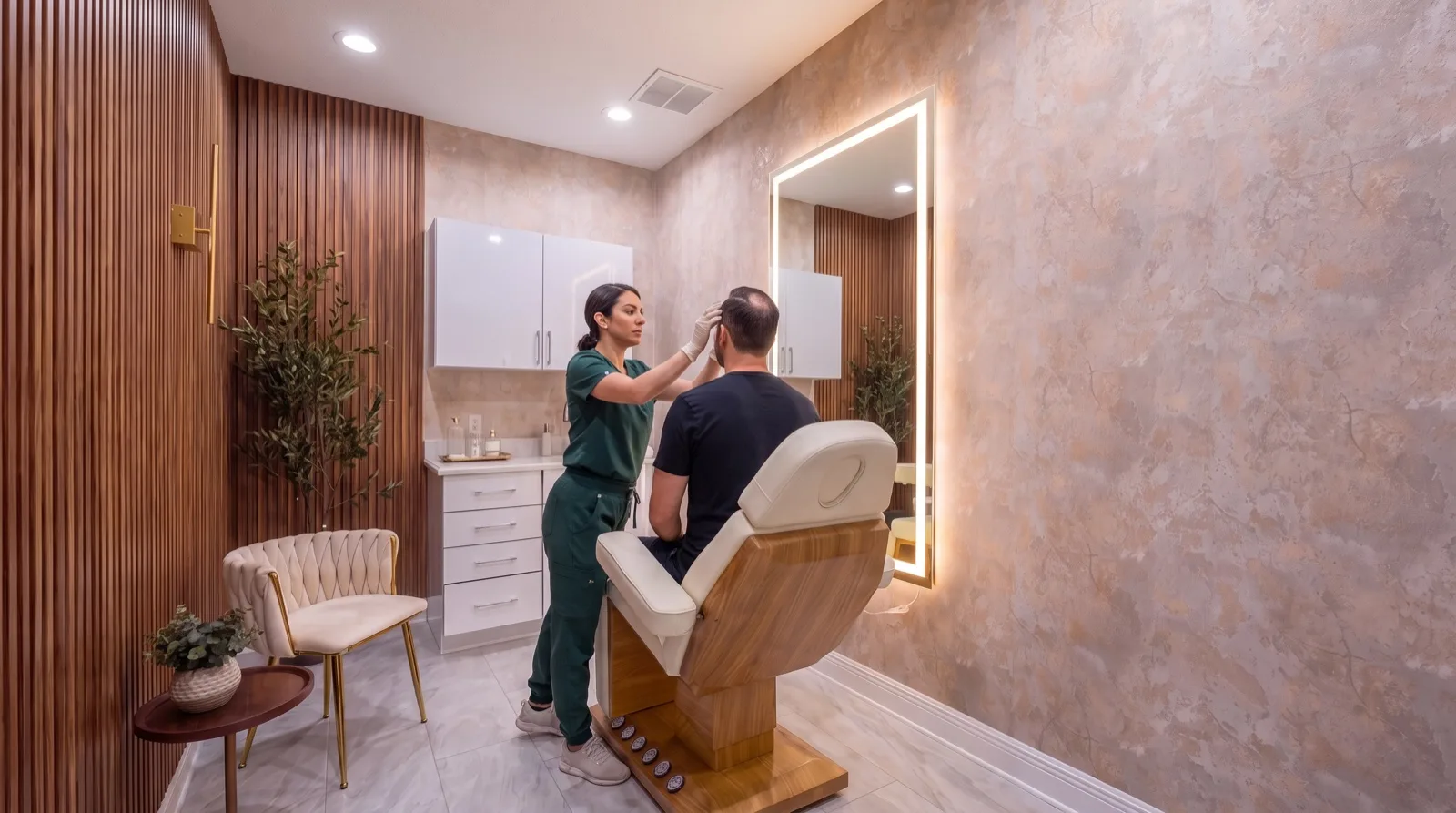 Patient in the treatment chair facing the lit mirror while his provider studies his hairline before surgery