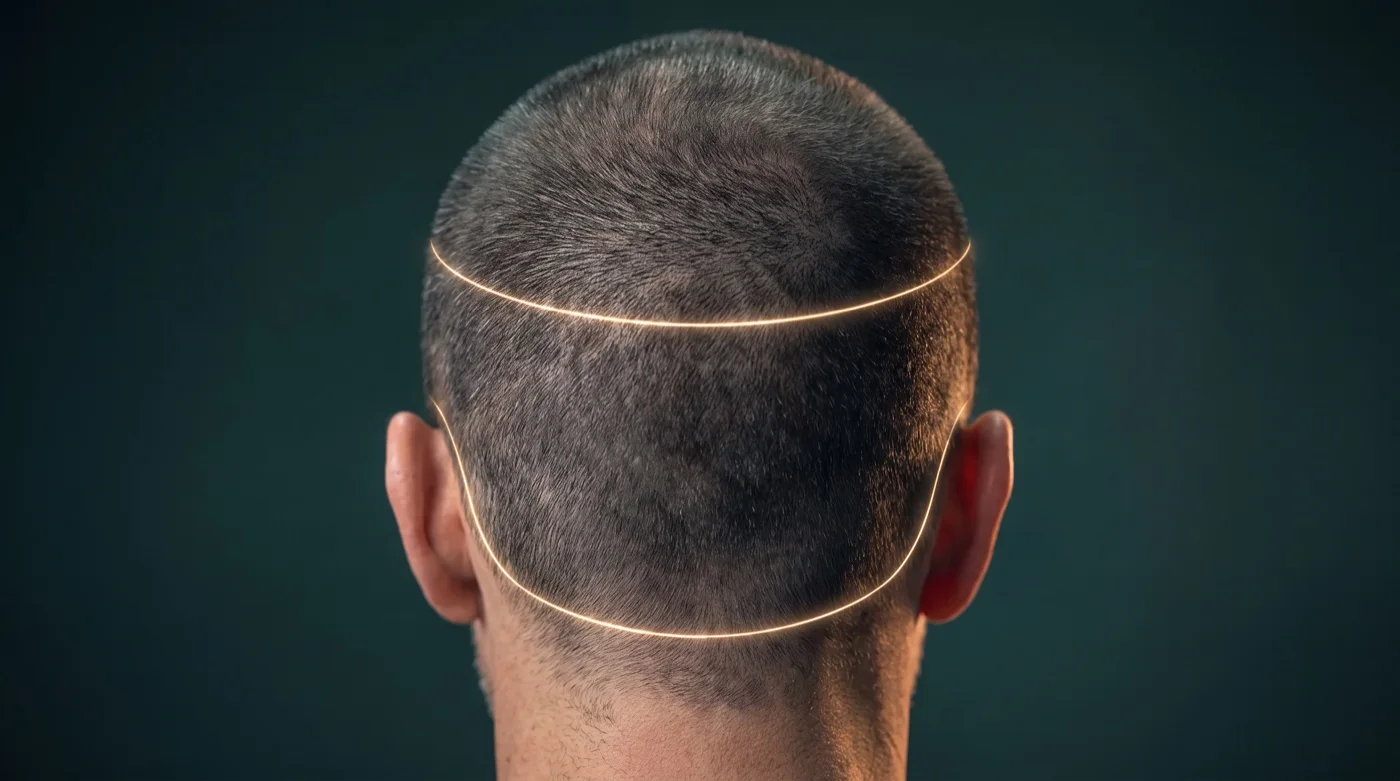 Illustration: back of the head with the donor band outlined in gold above the ears and nape