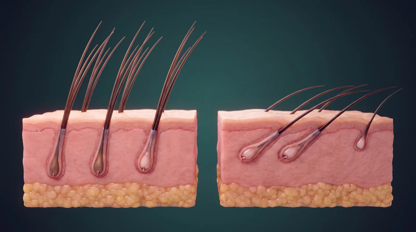 Ilustración médica que compara la piel del cuero cabelludo, donde el pelo sale en ángulo pronunciado, con la piel de la mejilla, donde el pelo de la barba queda mucho más tumbado
