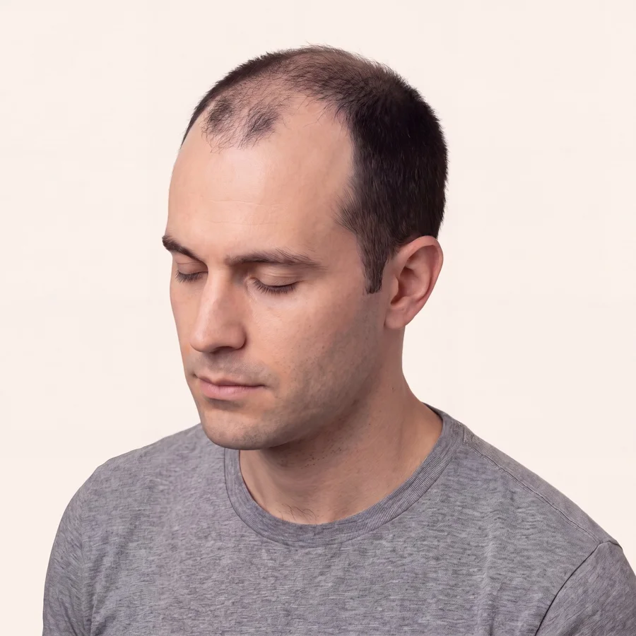 Ilustración médica de alopecia androgénica masculina en etapa V de Norwood sobre el mismo modelo, zona donante intacta