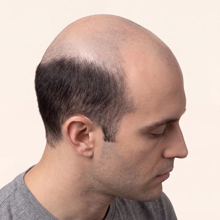 Ilustración médica de alopecia androgénica masculina en etapa VII de Norwood sobre el mismo modelo, vista de lado para que se vea la banda donante densa sobre la oreja y alrededor de la nuca