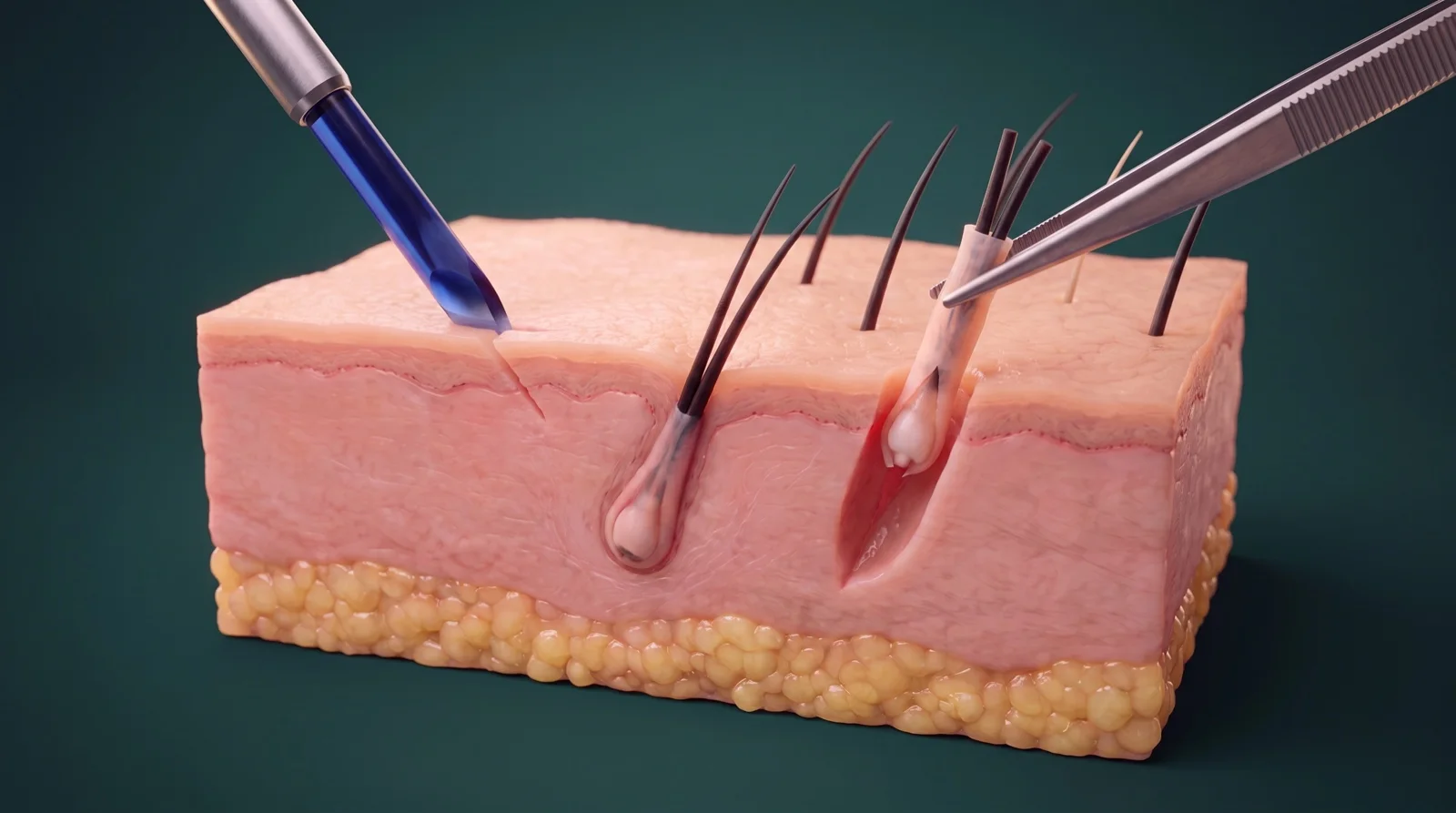 Ilustración médica de un corte del cuero cabelludo: una hoja de punta de zafiro abre una incisión fina en el ángulo de los pelos existentes, y un injerto de unidad folicular descansa en una incisión idéntica junto a unidades intactas