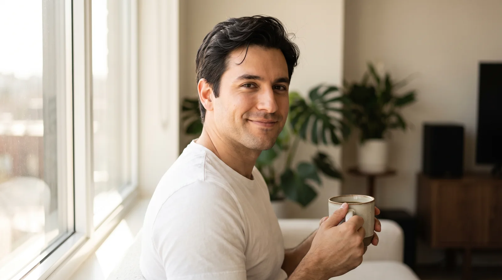 Hombre joven con el pelo oscuro y abundante y una línea frontal natural, sonriendo junto a una ventana luminosa con un café