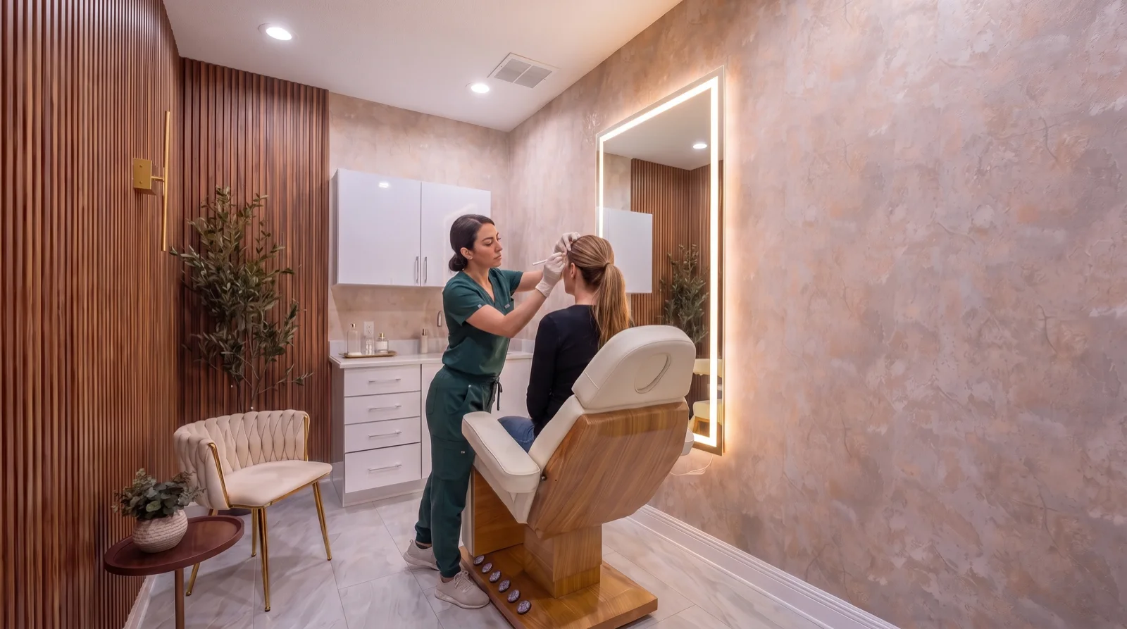 Patient in the treatment chair facing the mirror while her provider draws a soft rounded hairline on her forehead