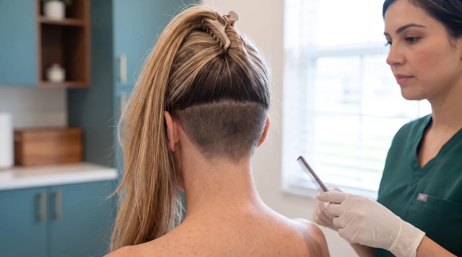 Back of a woman&rsquo;s head with the top hair clipped up and the donor area trimmed to an even short length