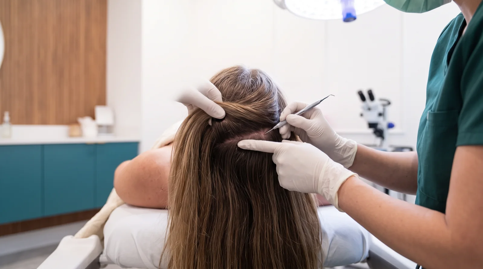 Back of a woman&rsquo;s head with her long hair at full length while a gloved clinician lifts one section to work underneath