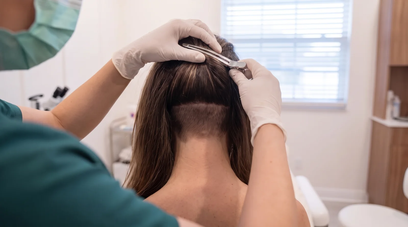 Long hair lifted with a clip to show one narrow trimmed strip low on the nape, hidden once the layers fall