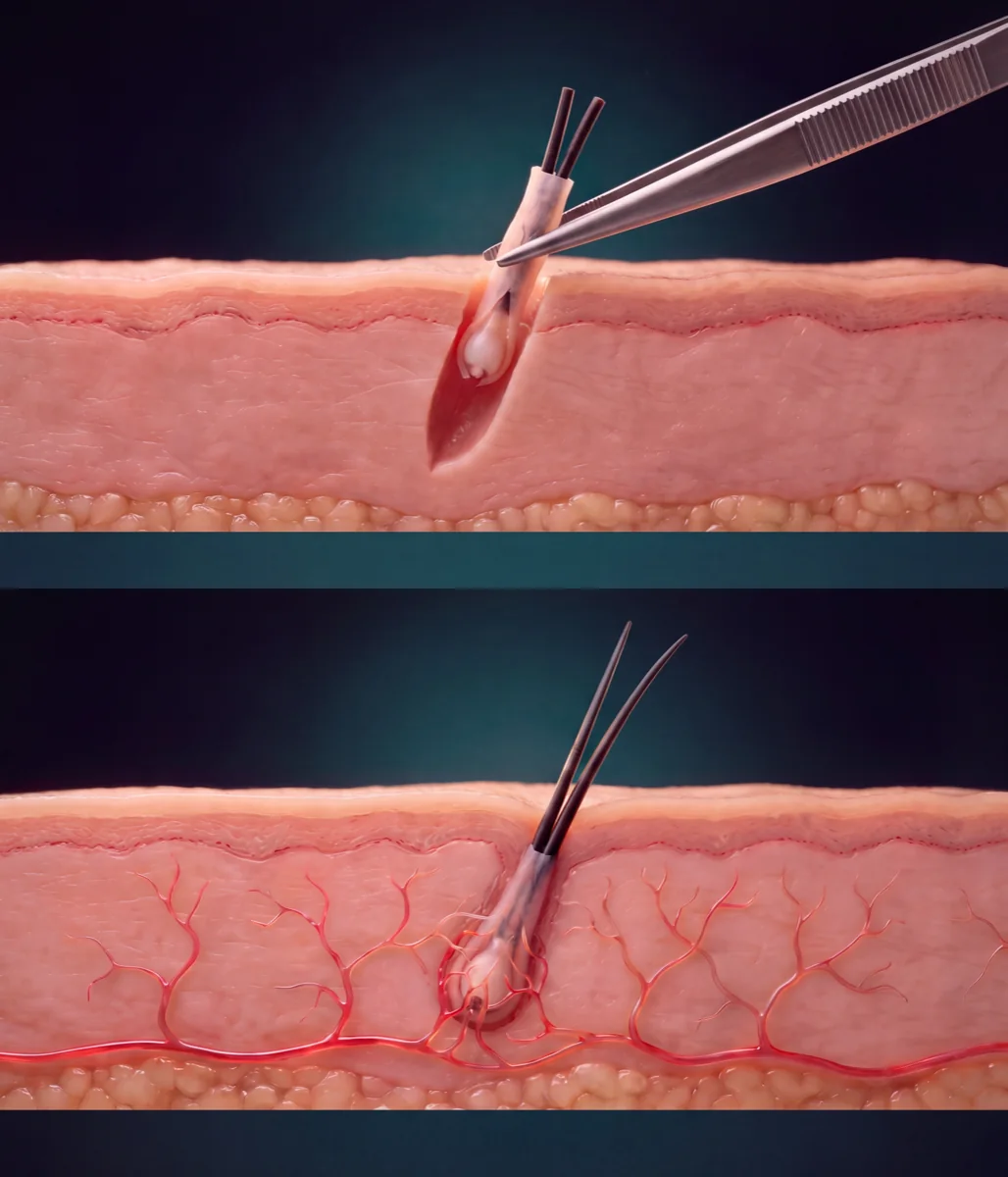 Cross-section of the scalp: above, a follicular unit with two short hairs being placed into a channel with forceps; below, the same follicle months later, fed by a network of capillaries