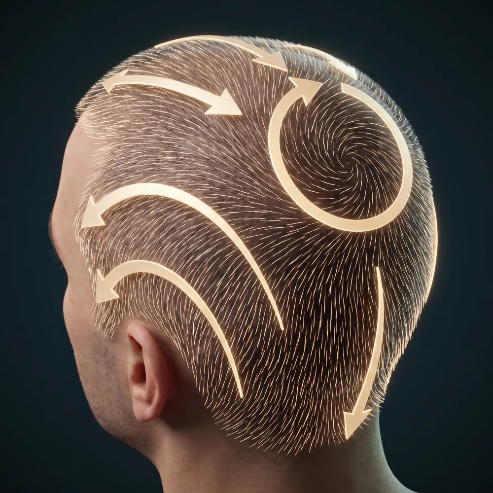 Illustration: buzzed head covered in short gold strokes showing the direction hair grows in each region