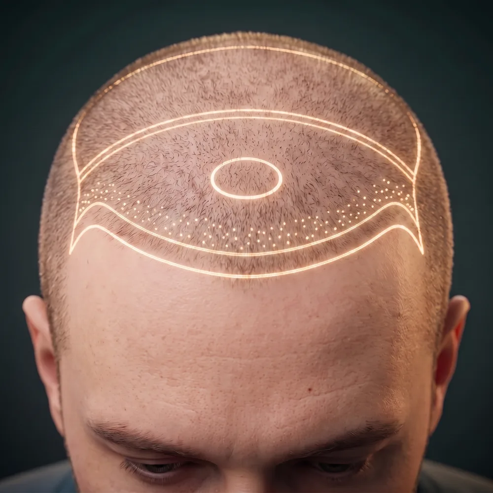 Illustration: the frontal hairline seen from above as a smooth gold curve with staggered single-hair dots along its edge, a wider band behind it and a small oval at the center