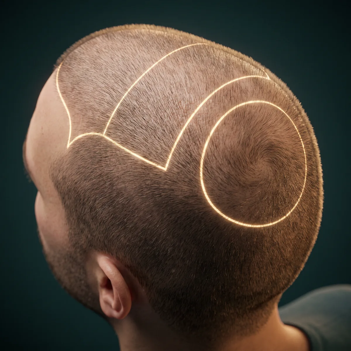 Illustration: scalp seen from above with the hairline band, mid-scalp and crown outlined in gold