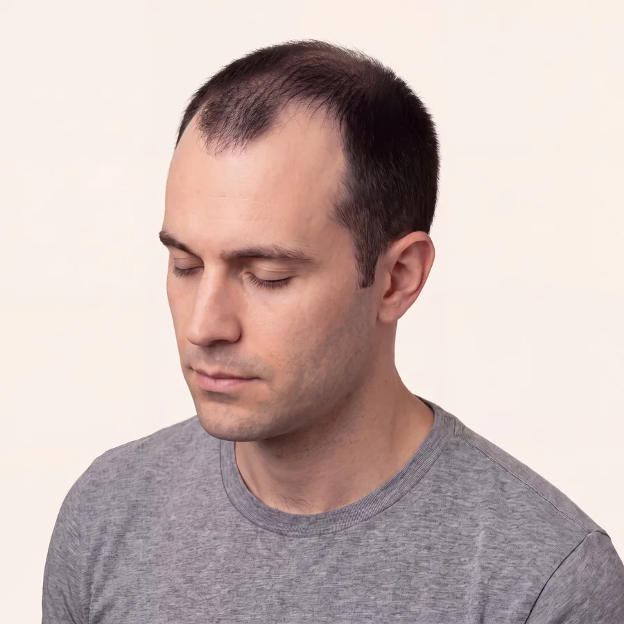 Medical illustration of Norwood stage IV male pattern hair loss on the same model, donor hair intact