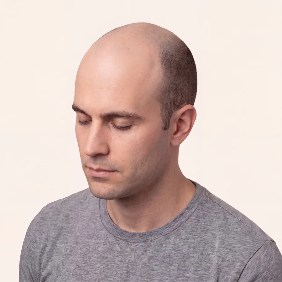 Medical illustration of Norwood stage VI male pattern hair loss on the same model, donor hair intact