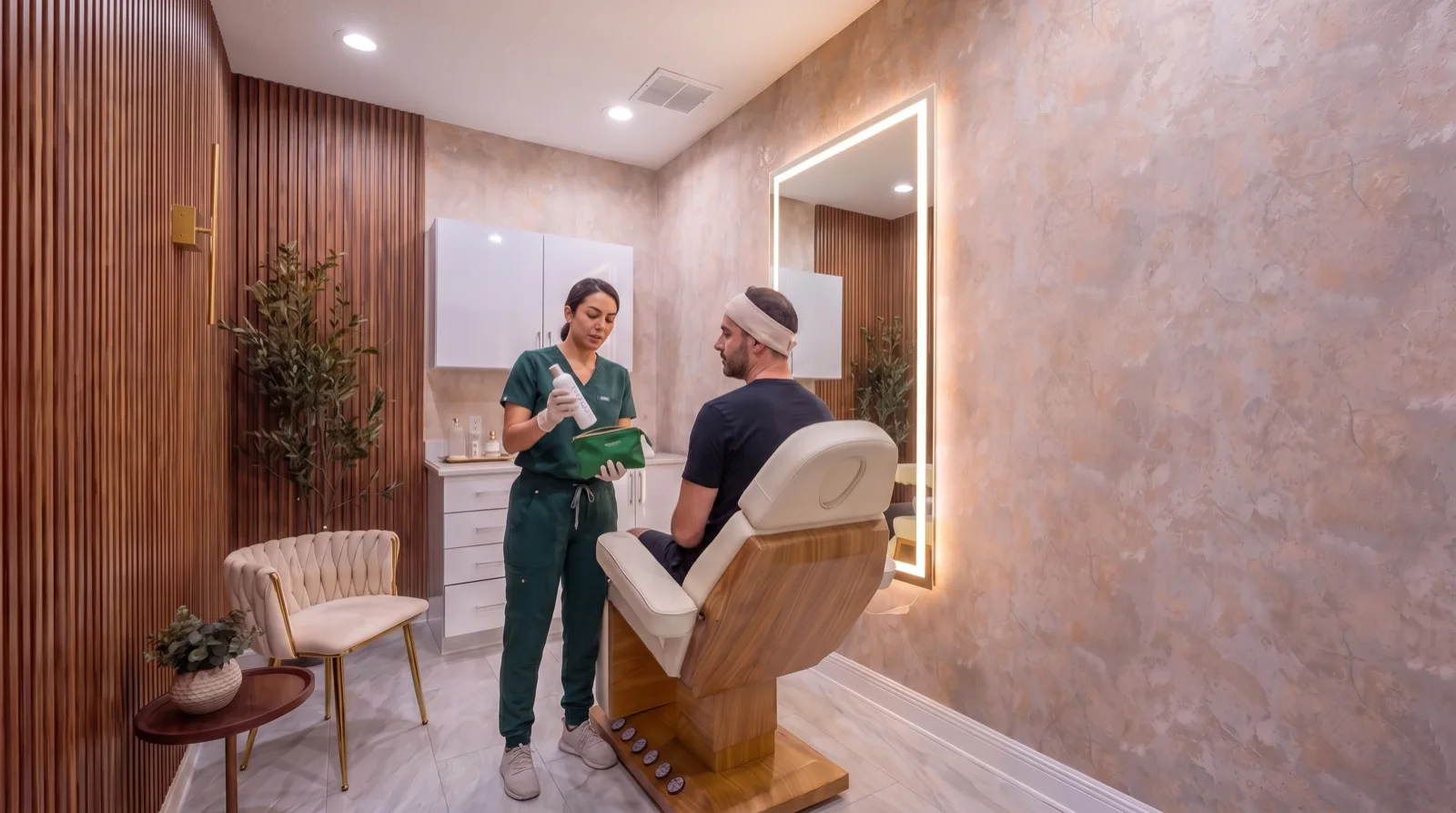 Provider explaining the aftercare kit to a patient wearing the headband at the end of his surgery day