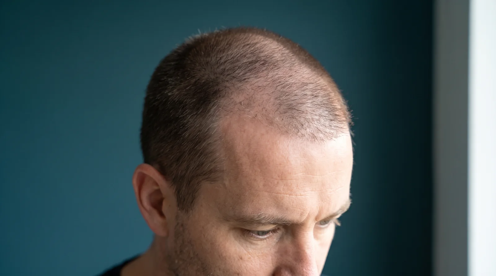 Close view of a man's hairline covered in short, soft new hair growth a few months after surgery