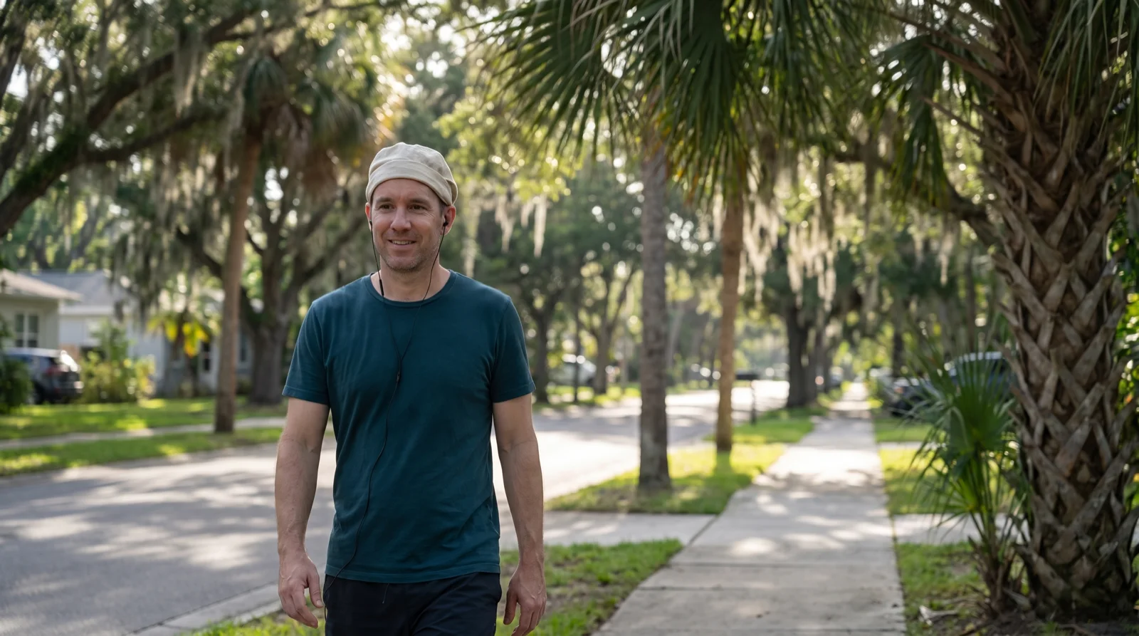 Man walking in the shade in the early morning wearing a loose cap that sits above the grafts