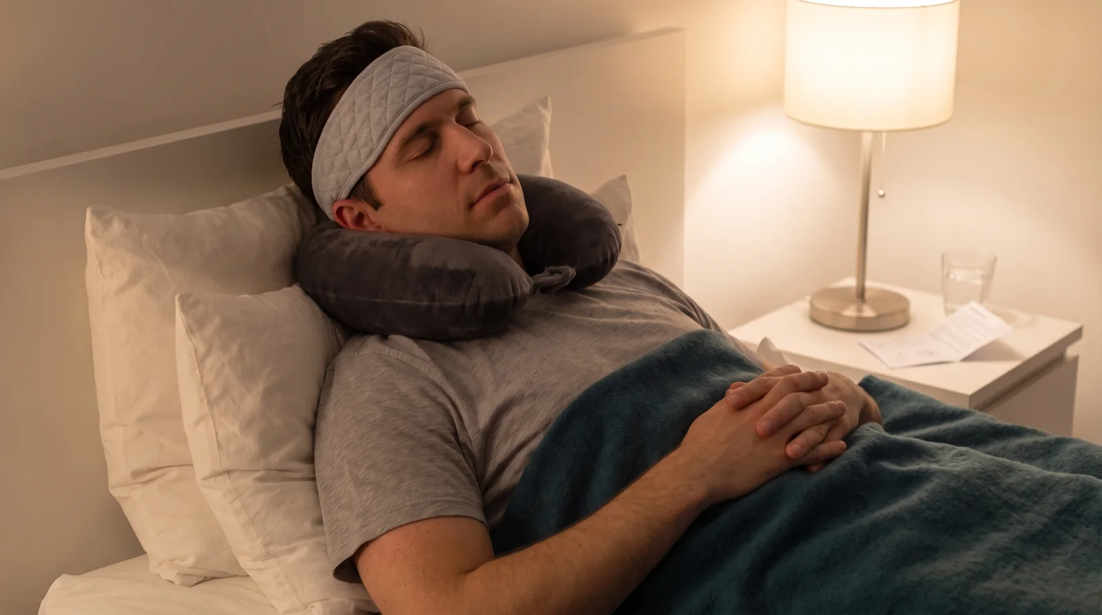 Man asleep on his back the first night, upper body raised on two pillows with a travel neck pillow and the soft headband on