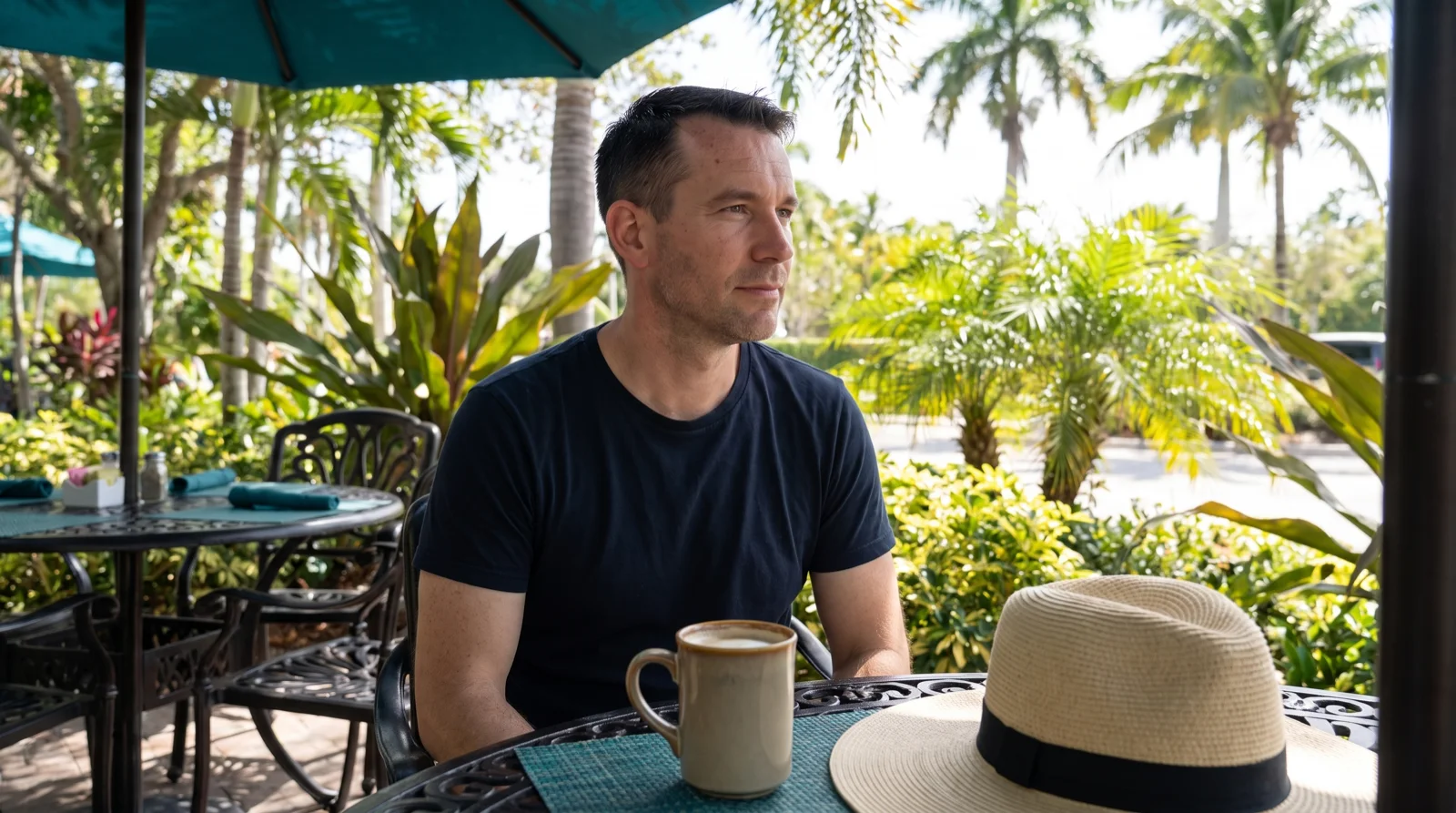 Man at a shaded cafe table with a wide-brim hat beside him, waiting out the quiet phase
