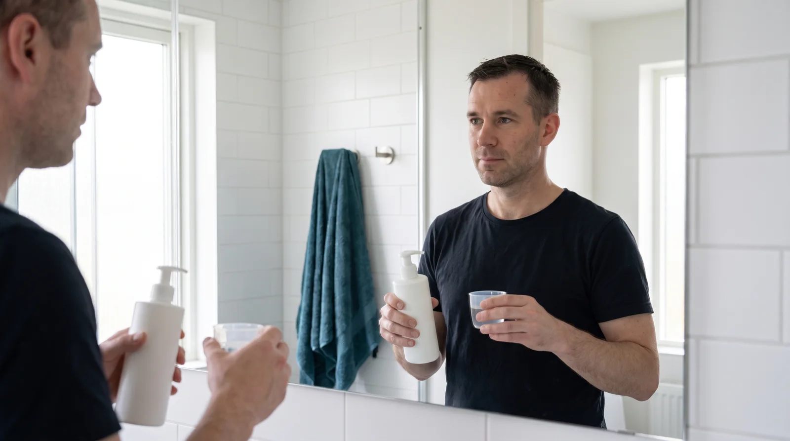 Man in his bathroom mixing the kit shampoo into a cup of water for the pouring wash