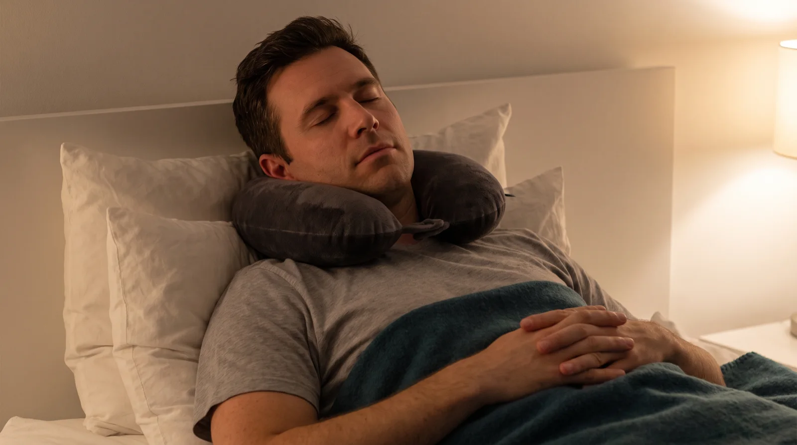 Man sleeping on his back with his head raised on two pillows and a travel neck pillow keeping his head in place