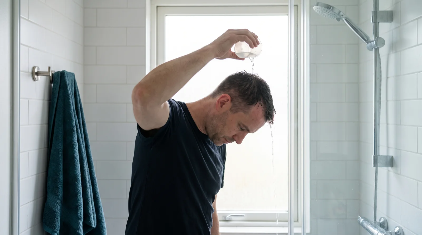 Man gently pouring lukewarm water over the top of his head from a cup, the shower head off to the side