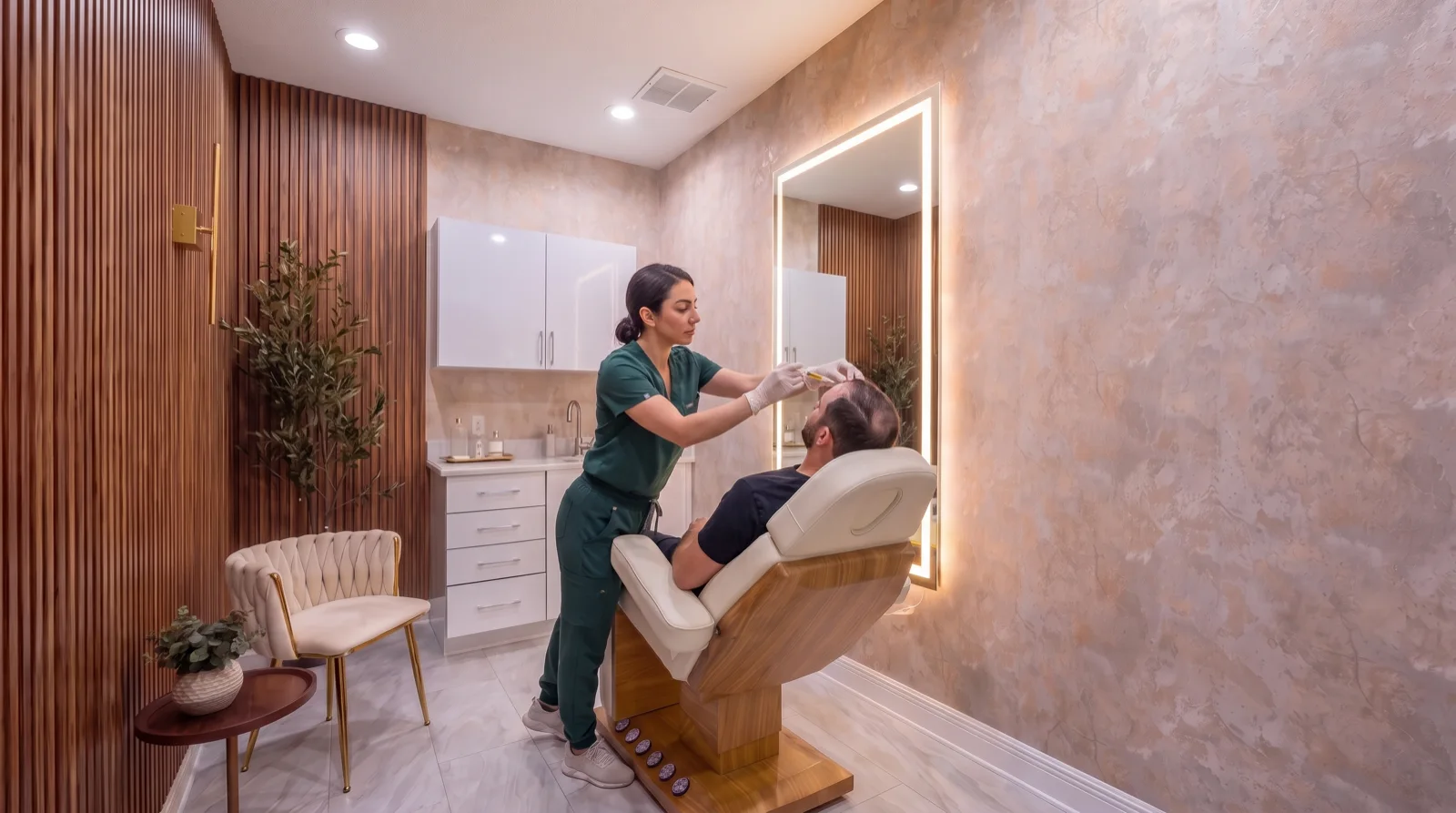 Patient reclined in the treatment chair while the provider makes a shallow injection of platelet-rich plasma into the thinning area of his scalp