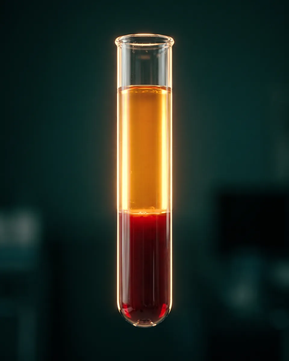 Centrifuge tube of blood separated into layers: golden platelet-rich plasma above red blood cells