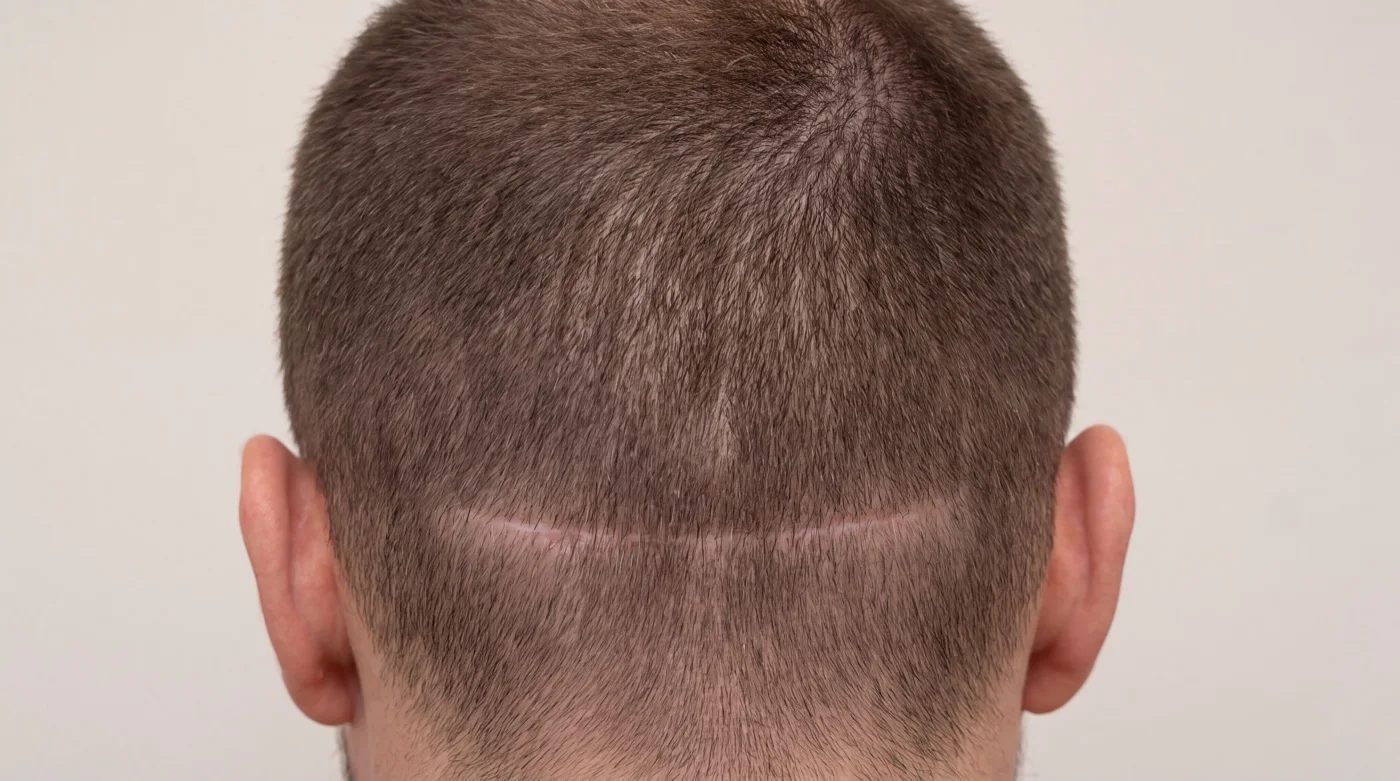 Medical illustration: the healed linear donor scar left by the FUT strip technique, seen under short hair